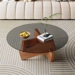 Orta Yüzyıl Cam Sehpa Masif Ahşap Tabanlı Çağdaş Yuvarlak Orta Sehpa Şeffaf Temperli Camlı Üst Oturma Odası ve Ev Ofis için (Gri 70 x 70 x 31 cm)