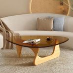 Orta Yüzyıl Tarzı Modern Üçgen Cam Sehpa Çay renkli Cam Üst ve Kütük renkli Masif Ahşap Ayaklı 114 * 82 * 40 cm