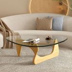 Orta Yüzyıl Tarzı ve Masif Ahşap Ayaklı Modern Üçgen Cam Sehpa (Şeffaf Cam Üst Kütük Renkli Ayaklar 114 * 82 * 40 cm)