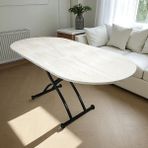 Ortadan Açılır Oval Akıllı Masa Mdf Tabla Traverten Alt Ayak Metal - TRAVERTEN-SİYAH