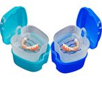 Orthdent 2 adet süzgeçli protez kabı, protez kabı, protez kutusu, protez banyo kutusu takma diş saklama kutusu, seyahat temizliği için süzgeçli kutu (açık mavi ve mavi)