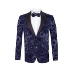 OSCAR BANKS Premium Lacivert Kadife (Velvet) Jakar Smokin Ceket - Kabartma Çiçek Desenli Papyon Seti