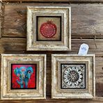 Oscar Stone Decor Çerçeveli Taş Duvar Dekoru Tablo 3'lü Set 20x20cm Fil Desen Nar Bereket Duası