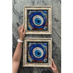 Oscar Stone Decor Eskitme Çerçeveli Taş Uyumlu Duvar Dekoru Tablo 30x30 cm 2'li Set Nazar Boncuğu 2CDD3030-1481-2