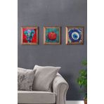 Oscar Stone Decor Masif (Ahşap) Çerçeveli 3'lü Set Taş Tablo Pano 28x28 cm Fil Nar ve Nazar Boncuğu
