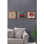 Oscar Stone Decor Masif (Ahşap) Çerçeveli 3'lü Set Taş Tablo Pano 28X28 cm Hayat Ağacı Nar Ağacı