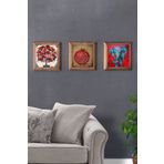 Oscar Stone Decor Masif (Ahşap) Çerçeveli 3'lü Set Taş Tablo Pano 28x28 cm Nar Ağacı Nar Dua Fil