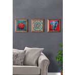 Oscar Stone Decor Masif (Ahşap) Çerçeveli 3'lü Set Taş Tablo Pano 28x28 cm Nar ve Fil