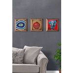 Oscar Stone Decor Masif (Ahşap) Çerçeveli 3'lü Set Taş Tablo Pano 28x28 cm Nazar Göz Fil Nar Dua
