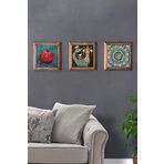 Oscar Stone Decor Masif (Ahşap) Çerçeveli 3'lü Set Taş Tablo Pano 28x28 cm Şahmeran Nar