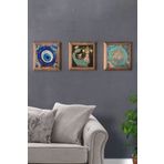 Oscar Stone Decor Masif (Ahşap) Çerçeveli 3'lü Set Taş Tablo Pano 28x28 cm Şahmeran Nazar Boncuğu 3PRMT-40-0506