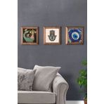 Oscar Stone Decor Masif (Ahşap) Çerçeveli 3'lü Set Taş Tablo Pano 28x28 cm Şahmeran Nazar Boncuğu