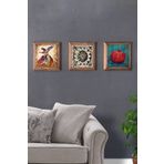 Oscar Stone Decor Masif (Ahşap) Çerçeveli 3'lü Set Taş Tablo Pano 28X28 cm Semazen Desen Nar