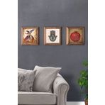 Oscar Stone Decor Masif (Ahşap) Çerçeveli 3'lü Set Taş Tablo Pano 28x28 cm Semazen Elif Nar Dua