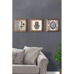 Oscar Stone Decor Masif (Ahşap) Çerçeveli 3'lü Set Taş Tablo Pano 28X28 cm Vav Elif Hamsa Çini Desen 3PRMT-40-0204