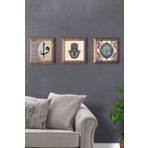 Oscar Stone Decor Masif (Ahşap) Çerçeveli 3'lü Set Taş Tablo Pano 28X28 cm Vav Elif Hamsa Çini Desen