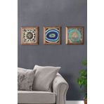 Oscar Stone Decor Masif (Ahşap) Çerçeveli 3'lü Set Taş Tablo Pano 28x28 cm Yaşam Çiçeği Nazar Göz 3PRMT-40-0504