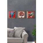 Oscar Stone Decor Masif (ahşap) Çerçeveli 3'lü Set Taş Tablo Pano 28x28 Kırmızı Kuşlar Fil Nar Ağacı 3PRMT-40-0364