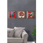 Oscar Stone Decor Masif (Ahşap) Çerçeveli 3'lü Set Taş Tablo Pano 28X28 Kırmızı Kuşlar Fil Nar Ağacı