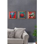 Oscar Stone Decor Masif (Ahşap) Çerçeveli 3'lü Set Taş Tablo Pano 28X28 Kırmızı Kuşlar Fil Nar