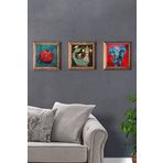 Oscar Stone Decor Masif (Ahşap) Çerçeveli 3'lü Set Taş Tablo Pano 28X28 Nar Fil Şahmeran