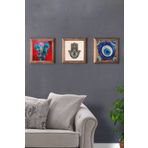 Oscar Stone Decor Masif (Ahşap) Çerçeveli 3'lü Set Taş Tablo Pano 28X28 Nazar Boncuğu Fatma Ana Eli