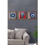 Oscar Stone Decor Masif (Ahşap) Çerçeveli 3'lü Set Taş Tablo Pano 28X28 Nazar Boncuğu Fil Nazar Göz