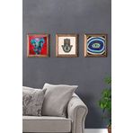 Oscar Stone Decor Masif (Ahşap) Çerçeveli 3'lü Set Taş Tablo Pano 28X28 Nazar Göz Fatma Ana Eli Fil