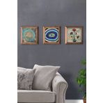Oscar Stone Decor Masif (Ahşap) Çerçeveli 3'lü Set Taş Tablo Pano 28X28 Yaşam Çiçek Nazar Göz Ebruli