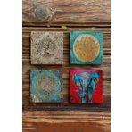 Oscar Stone Decor Taş Bardak Altlığı Stone Coasters - 4lü Set Fil Lotus Ve Yaşam Çiçeği BA541