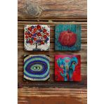 Oscar Stone Decor Taş Bardak Altlığı Stone Coasters - 4lü Set Nar Ağacı ve Fil ve Nazar Göz