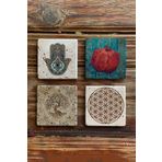 Oscar Stone Decor Taş Bardak Altlığı Stone Coasters - 4lü Set Nar Yaşam Çiçeği Fatma Ana Eli BA535