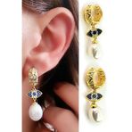 Oseshop İtalyan 925 Ayar Gümüş Üzerine Altın Kaplama Göz Figürlü İnci Küpe