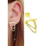Oseshop İtalyan 925 Ayar Gümüş Üzerine Altın Kaplama Zincir Detaylı Tasarım Tek Küpe