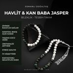 Osmanlı Doğal Taş Sertifikalı Havlit, Kan Baba Jasper Doğal Taşlı 33'Lük Tesbih Ve Bileklik Takım