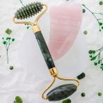 Osmanlı Doğal Taş Yeşim Tırtıklı Roller ve Pembe Kuvars Kaz Ayağı Gua Sha Takımı