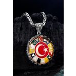 Osmanlı Gümüş Erkek Gümüş Kolye - 16 Türk Devleti Bayrakları İşlemeli Ay Yıldız Kral Zincirli Erkek Kolye
