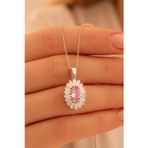 Osmanlı Gümüş Kadın Gümüş Kolye - Mekik Model Pembe Zirkon Taşlı Baget Süslemeli Rodyumlu Kadın Kolye