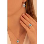Osmanlı Gümüş Kadın Gümüş Set - Damla Model Mavi Topaz Taşlı Baget Süslemeli Rodyumlu Kadın Set