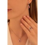 Osmanlı Gümüş Kadın Gümüş Set - Oval Damla Model Kırmızı Zirkon Taşlı Baget Süslemeli Rodyumlu Kadın Set