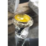 Osmanlı Gümüş Sarı Paraiba Taşlı Yanları Işlemeli Oval 925 Ayar Gümüş Erkek Yüzük