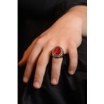 Osmanlı Gümüş Yakut Garnet Taşlı Yanı Selçuklu Kartalı Model Erkek Gümüş Yüzük