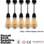 Otomeksan 10’lu Set Retro Ampul ve Duy Seti E27 Uyumlu Siyah Sarkıt Avize Başlığı 5 Duy + 5 Edison Ampul Tak Çalıştır Dekoratif Aydınlatma Ev Kafe Restoran Salon Mutfak Endüstriyel Tasarım