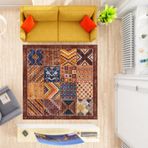 Oturma Odası Salon için Vintage Patchwork Parça Halı Kırmızı Kahverengi Yanmış Turuncu Lacivert Çok Renkli Tasarım 120x120 cm Kare