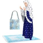 Oulabi Mir Kız Çocuk Namaz Elbisesi 4 Parçalı Seccadeli ve Çantalı Larcivert Rengi Yıldız Baskılı Kemer Desenli - 6 - 7 Yaş - Beyaz