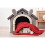 Oumo Klasik Peluş Kedi Evi ve 70X90 cm Peluş Kedi ve Köpek Yorganı Yıkanabilir, Taşınabilir, Yumuşak Evcil Hayvan Battaniyesi - Pembe - kedi evi+battaniye
