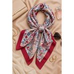 OUS Kadın Bordo Kenarlı Çiçek Desenli 70x70 cm Saten Fular, İpeksi Dokulu Kare Boyun Saç ve Çanta Aksesuarı