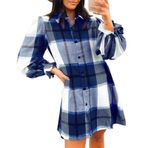 OUSIMEN Kadın Uzun Kollu Düğme Aşağı Bluz Ekose Tunik Günlük Gömlek Klasik Üstler Yaka Kaban, mavi (Royal Blau), XL