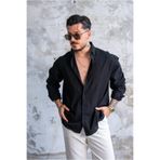 OUTFİT MAN Keten Düğmeli Oversize Gömlek Siyah