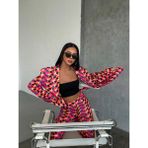 Ouz Fashion Kadın Torba Cepli Vatkalı Şal Yaka Dijital Baskılı Ceket - Fuşya-150235